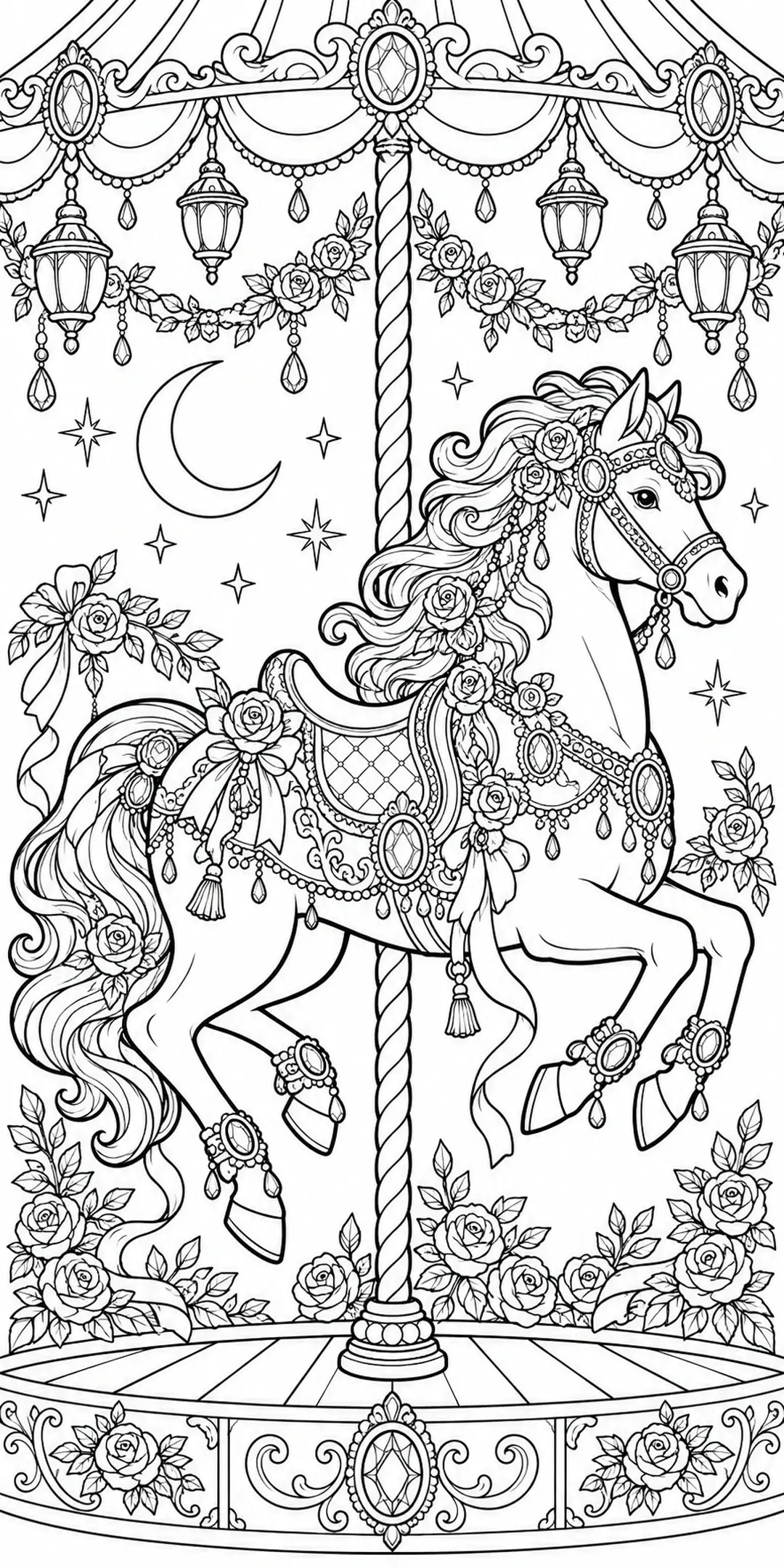 An ornate carousel horse with jeweled tack and a flowing mane stands among roses, stars, lanterns, and a crescent moon in this detailed coloring page.