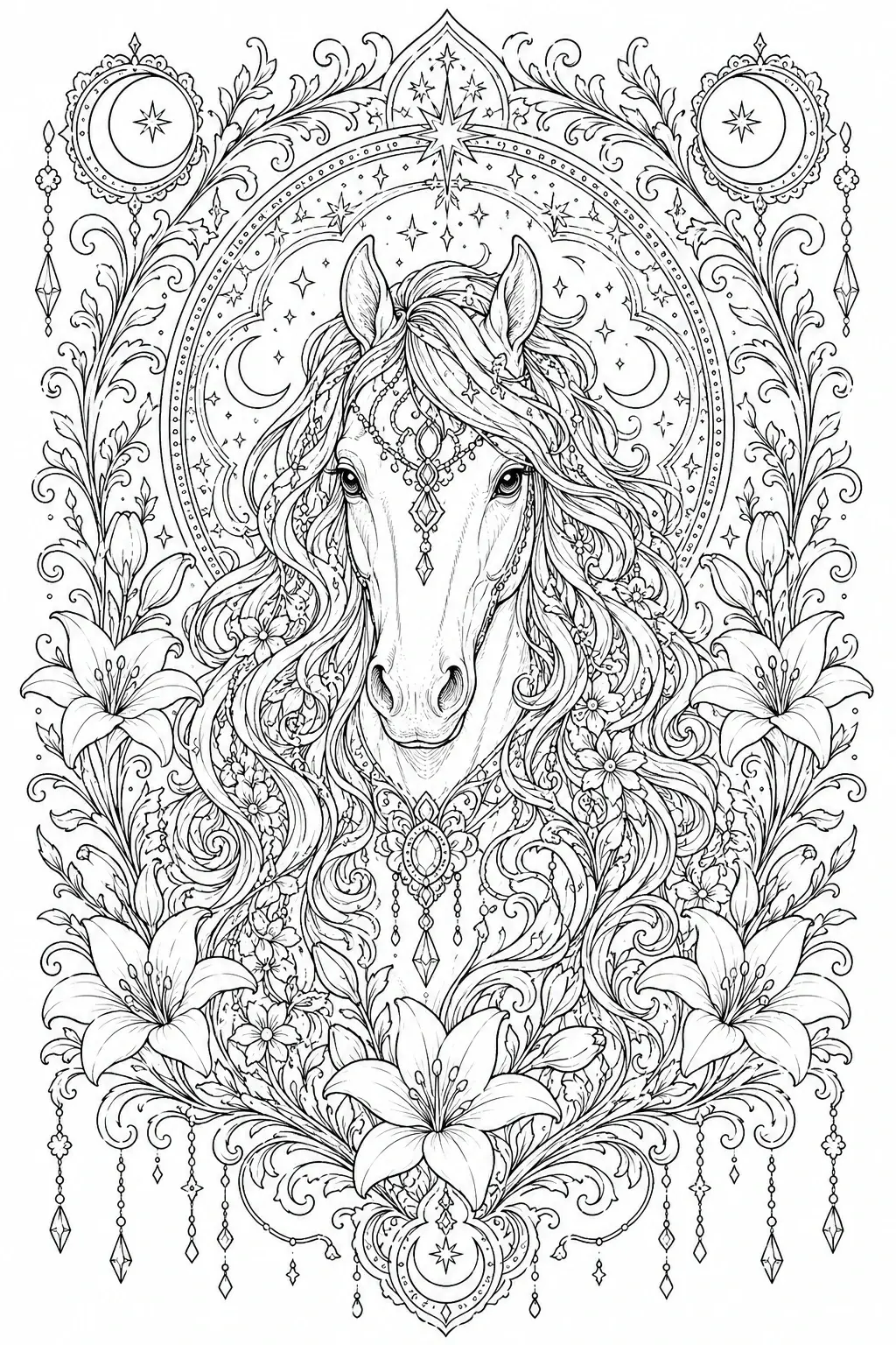 Intricate black-and-white coloring page of a horse head surrounded by flowers, stars, moons, and ornate decorative patterns.