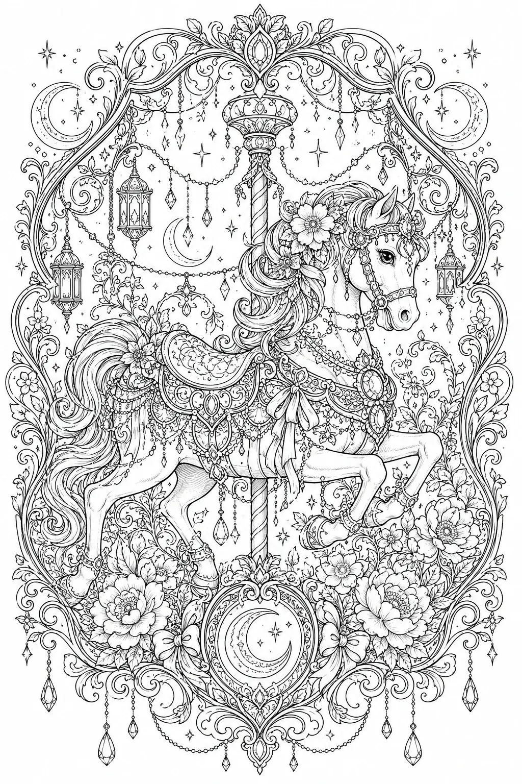 An ornate unicorn carousel horse surrounded by flowers, crescent moons, stars, and hanging jewels in a detailed black-and-white coloring page.