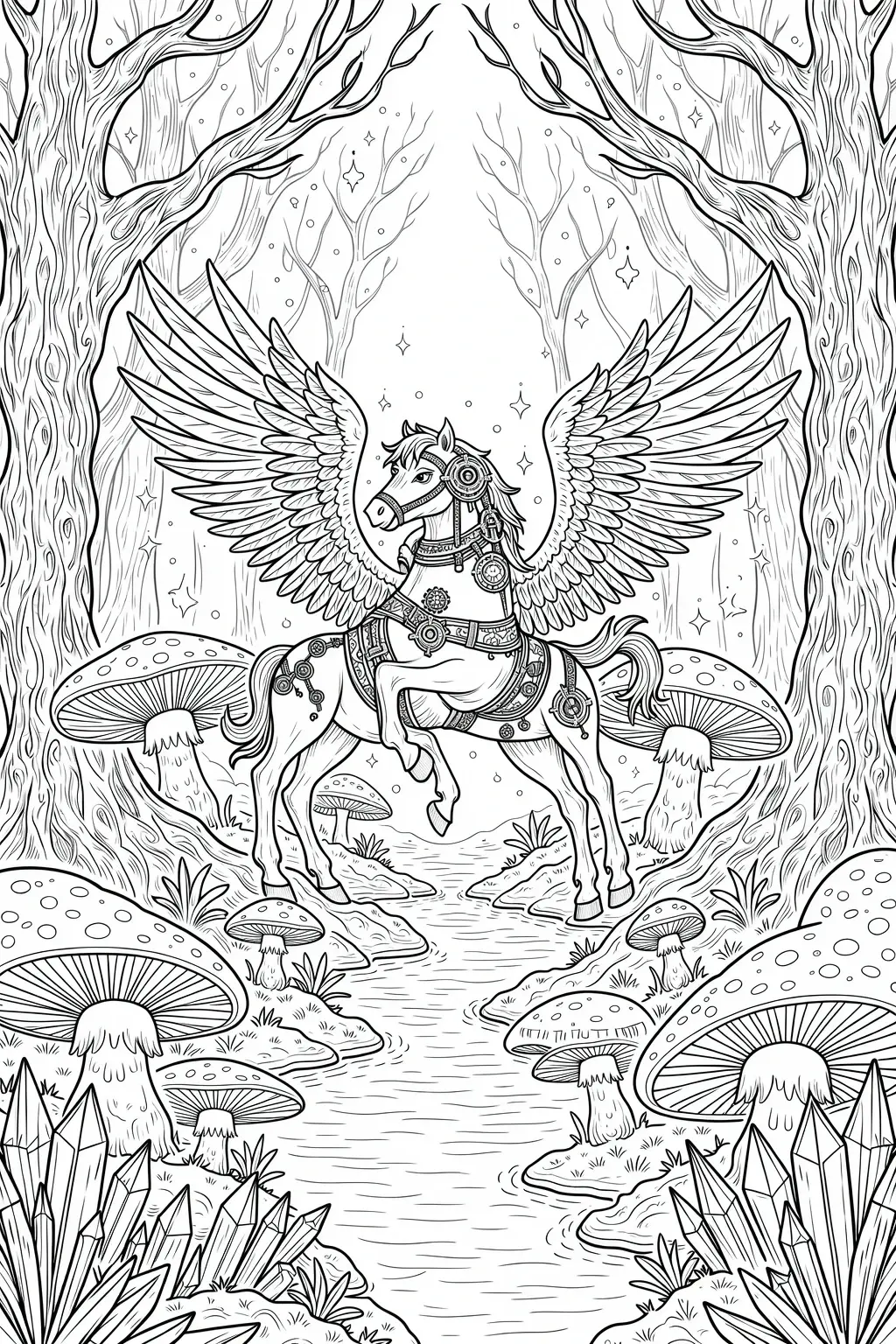Intricate coloring page of a steampunk winged horse standing in a fantasy forest with mushrooms, trees, and crystals.