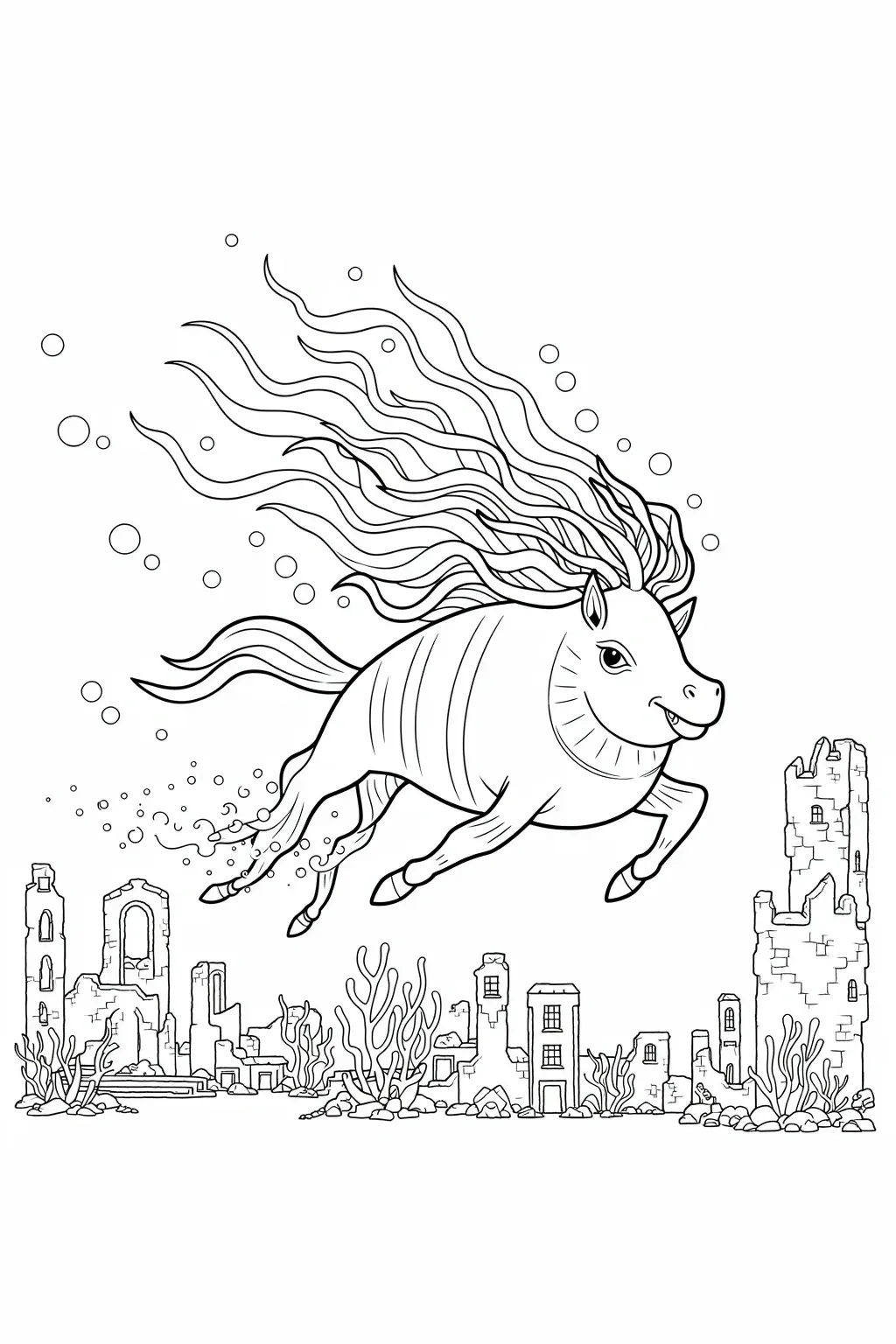 Black and white coloring page of horse swimming underwater above an ocean ruin with bubbles and flowing mane