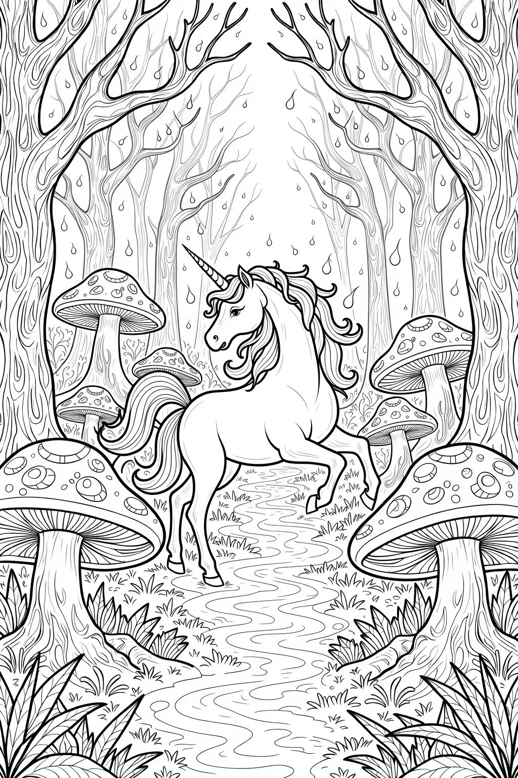 Black and white coloring page of unicorn standing on a forest path surrounded by tall trees and large mushrooms