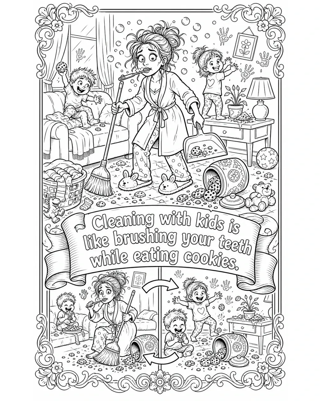 Black and white printable adult coloring page with the hand-lettered phrase Cleaning with kids is like brushing your teeth while eating cookies. Features toothbrush, cookie jar, broom, dustpan, soap