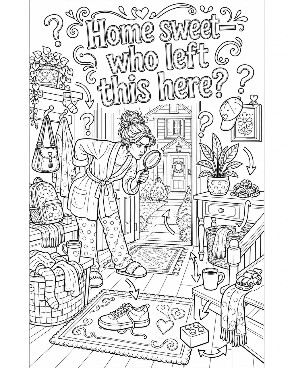 Black and white printable adult coloring page with the hand-lettered phrase Home sweet—who left this here? Features welcome mat, house facade, orphaned shoe, toy block, plant pot, trailing arrows