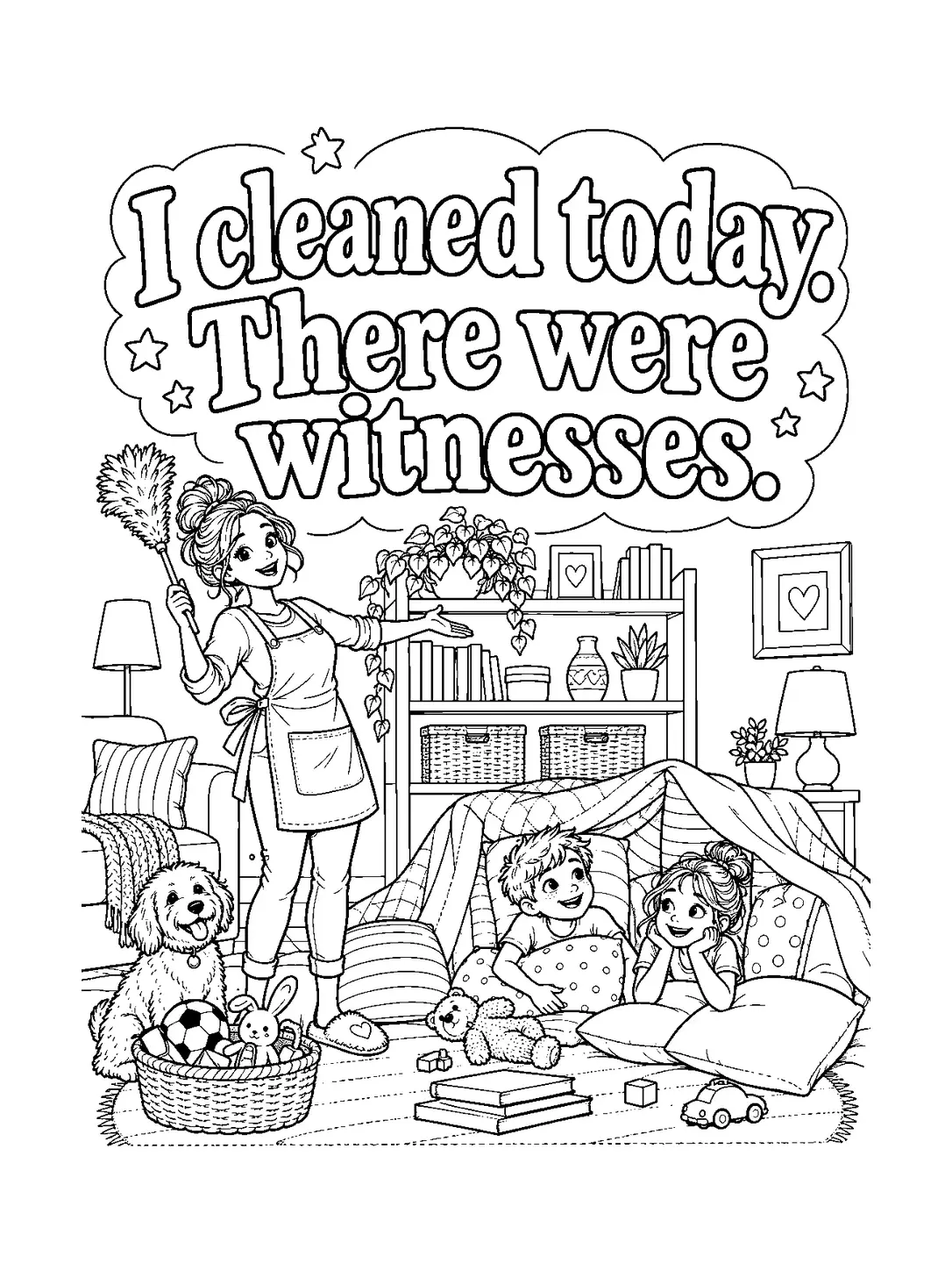 A black-and-white coloring page shows a mom holding a duster with two children and a dog in a cozy living room.