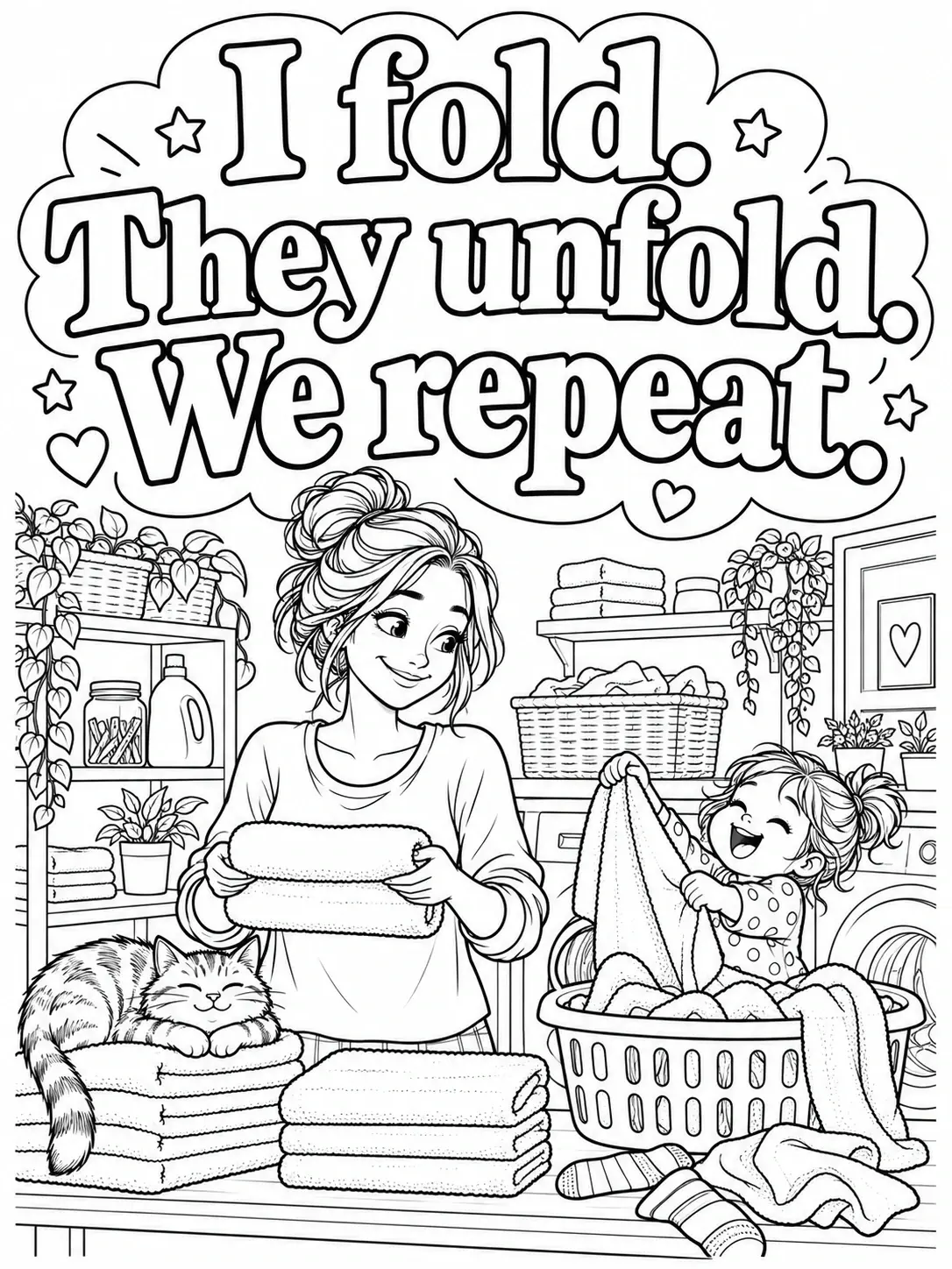 A black-and-white coloring page shows a mom and child folding laundry in a room with baskets, shelves, folded towels, and a sleeping cat.