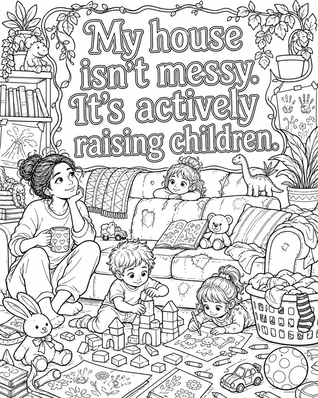 Black and white printable adult coloring page with the hand-lettered phrase My house isn’t messy. It’s actively raising children. Features toy blocks, crayon drawings, laundry basket.