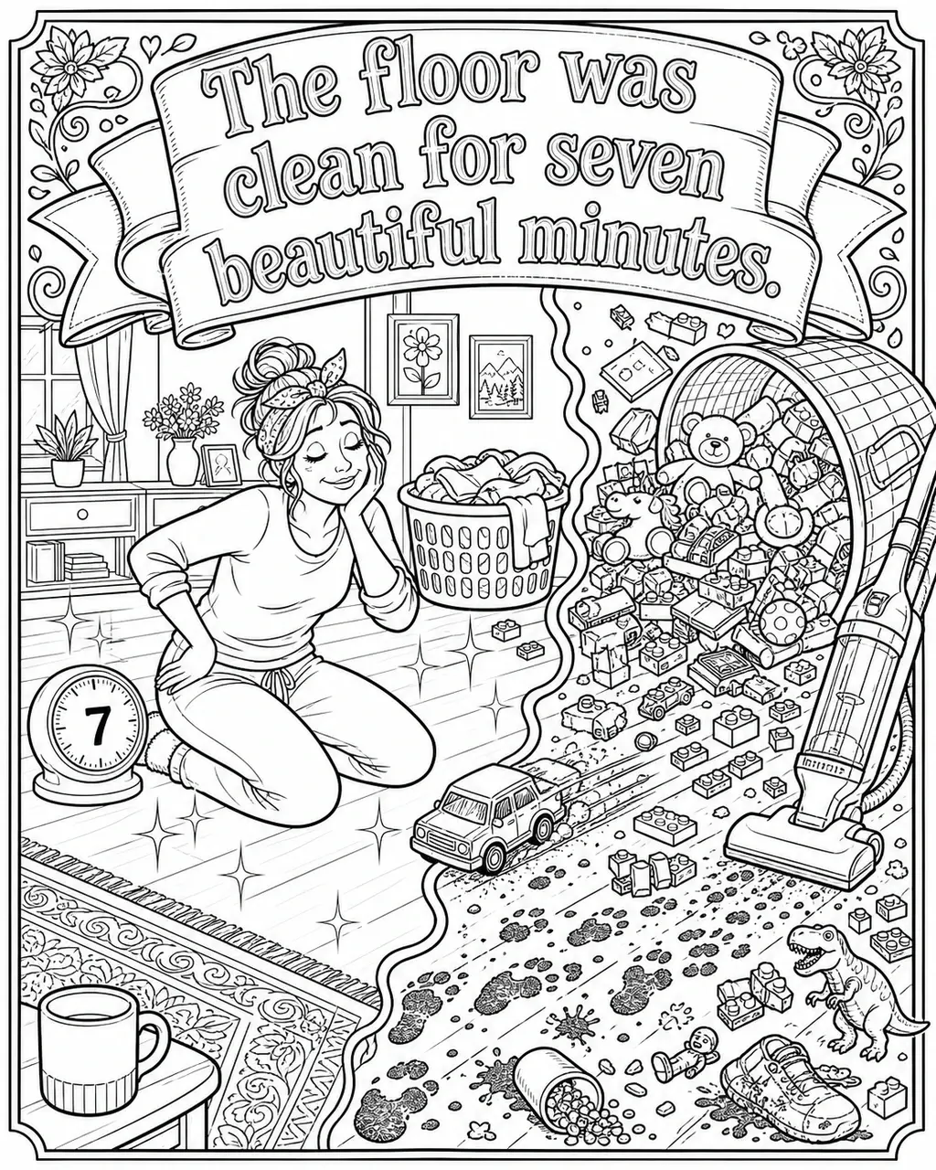 Black and white printable adult coloring page with the hand-lettered phrase The floor was clean for seven beautiful minutes. Features shiny freshly swept floor, seven-minute timer, toy car.