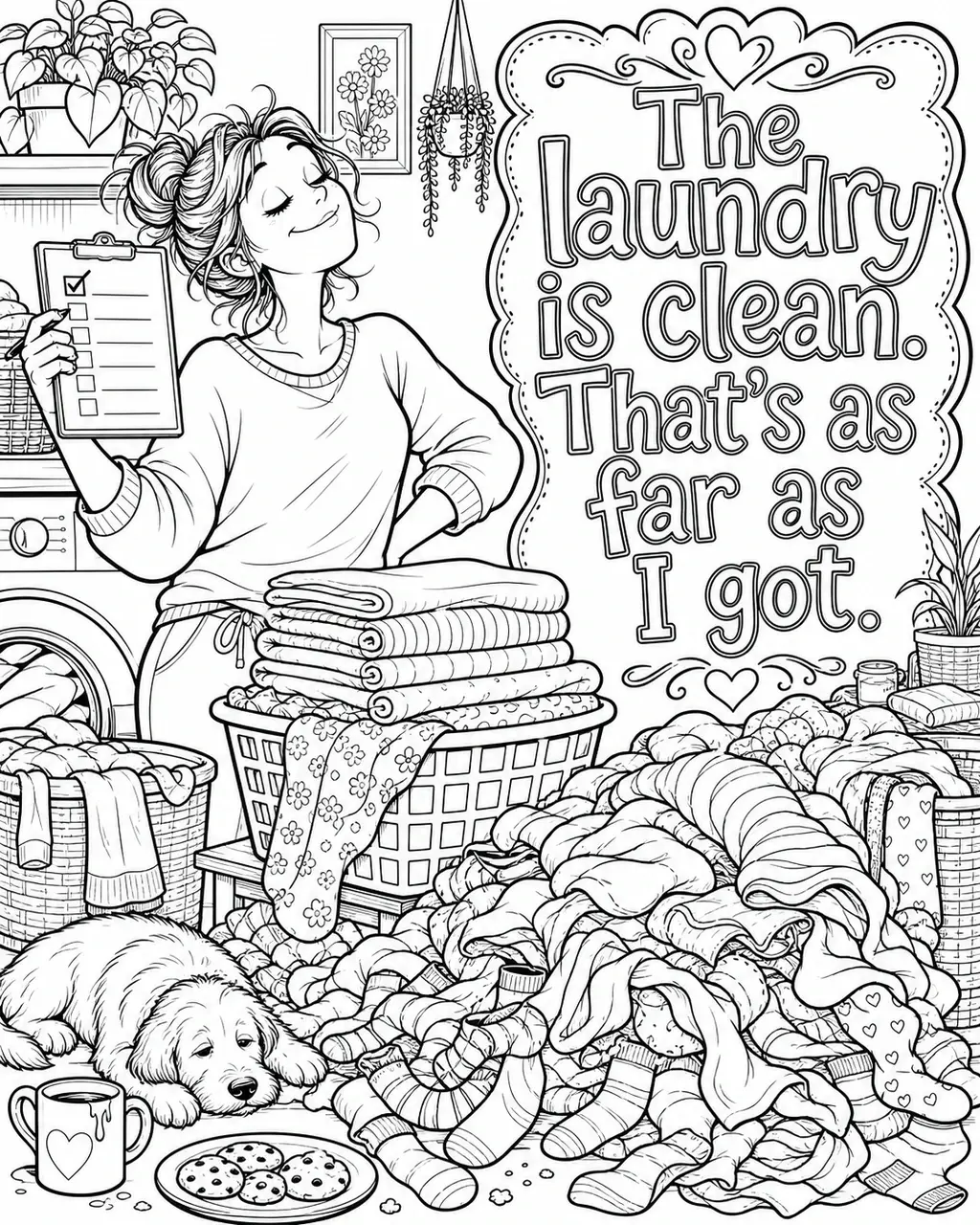 Black and white printable adult coloring page with the hand-lettered phrase The laundry is clean. That’s as far as I got. Features laundry basket, folded towel stack, unfolded sock pile.
