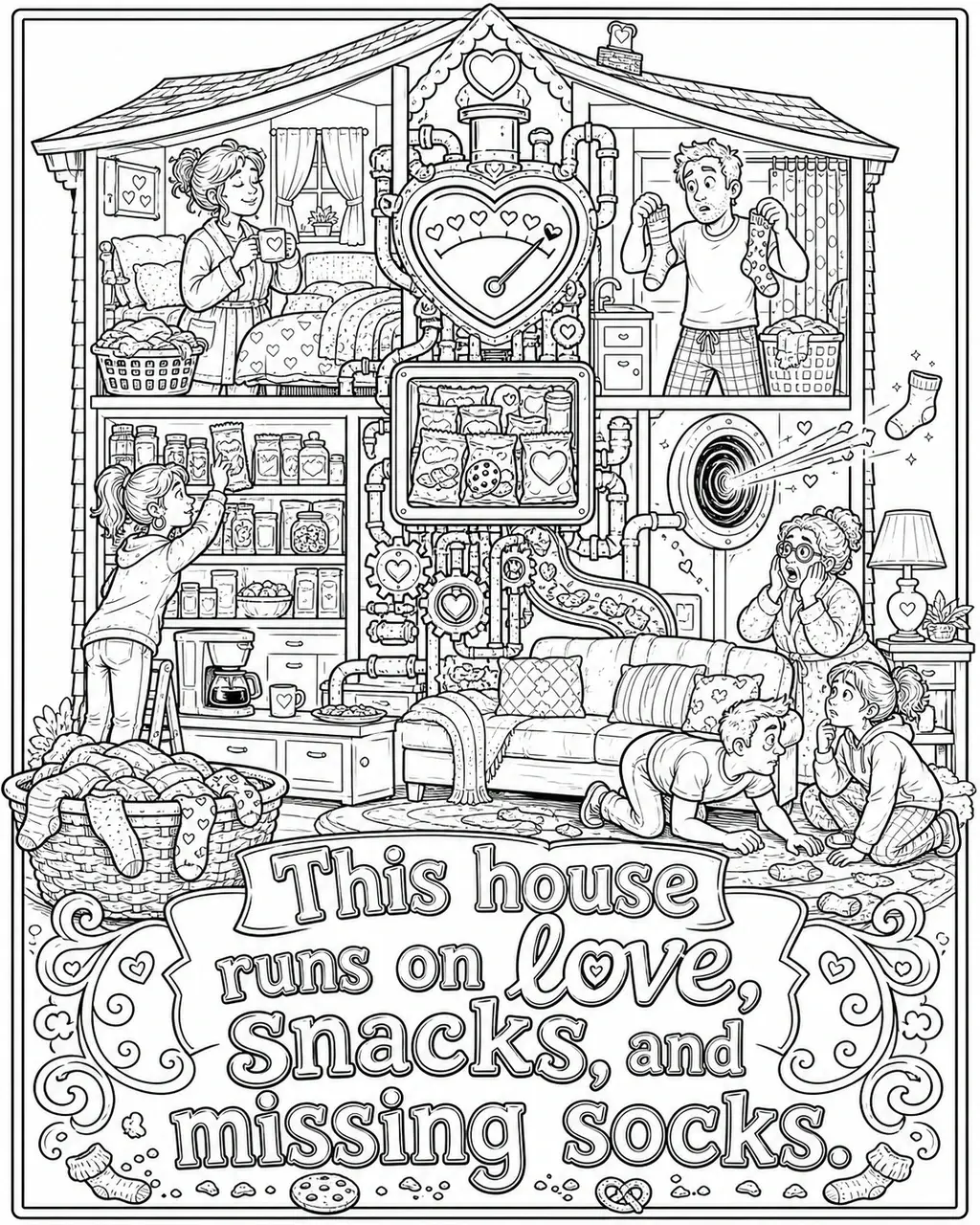 Black and white printable adult coloring page with the hand-lettered phrase This house runs on love, snacks, and missing socks. Features Cutaway house, heart-shaped power meter, snack trail, pantry