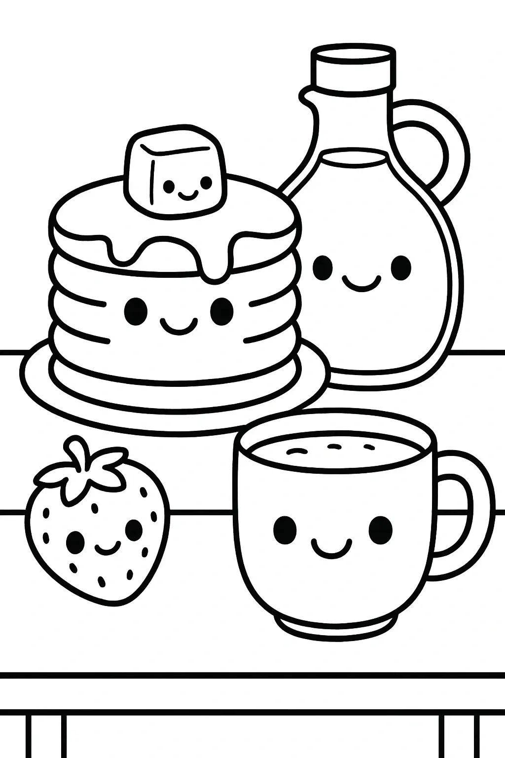 Black and white coloring page of cute kawaii breakfast foods including a stack of pancakes with syrup and a butter cube, a strawberry, a bottle of syrup, and a smiling mug of coffee