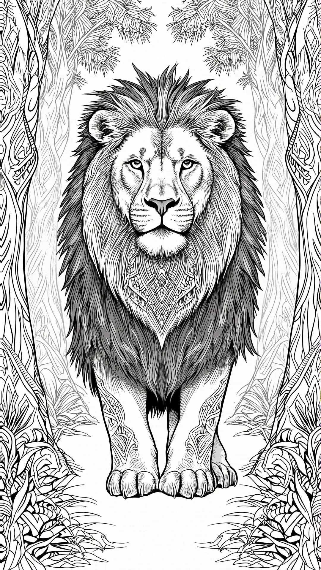 Intricate black-and-white line art of a regal lion with mandala-style details standing between forest trees; ideal for animal coloring page, detailed coloring page, kids' coloring page, printable