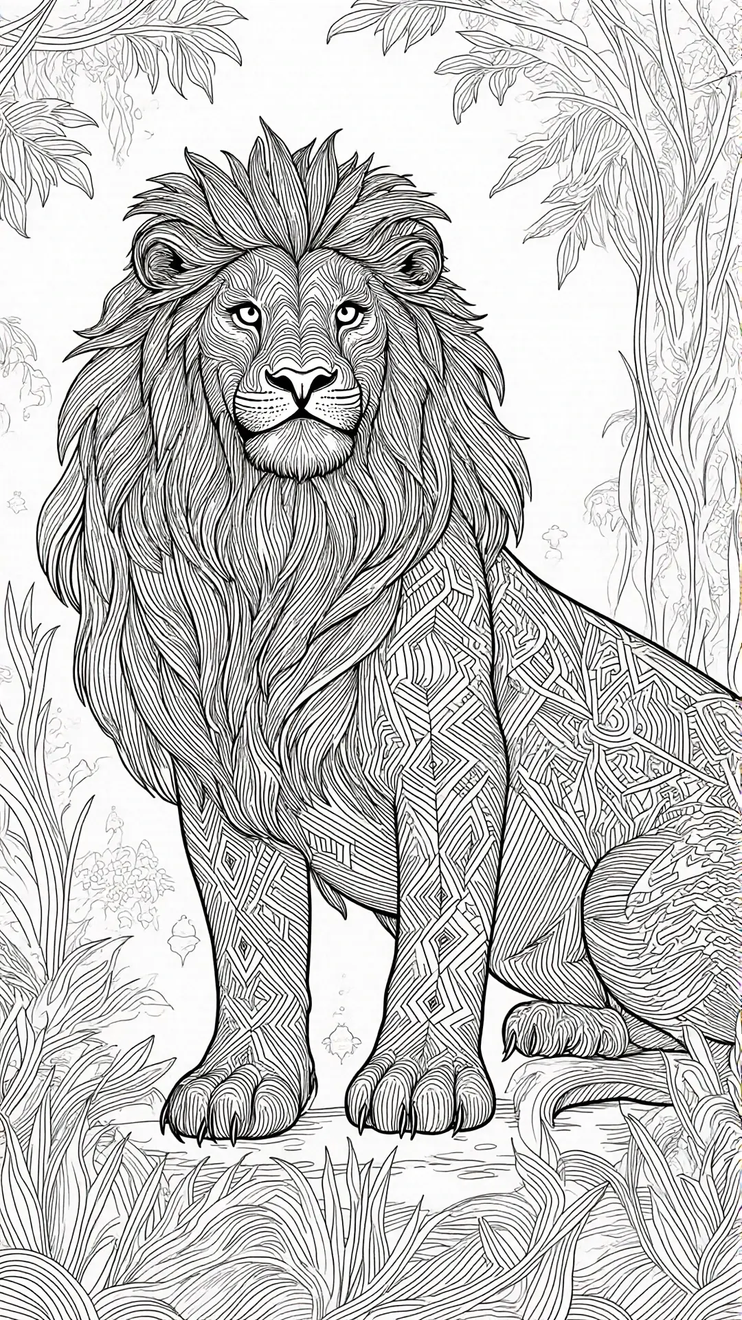 Intricate black and white lion with mandala style patterns in a jungle scene; a printable coloring page for animal lovers ideal for detailed coloring page, kids' coloring page, printable coloring page