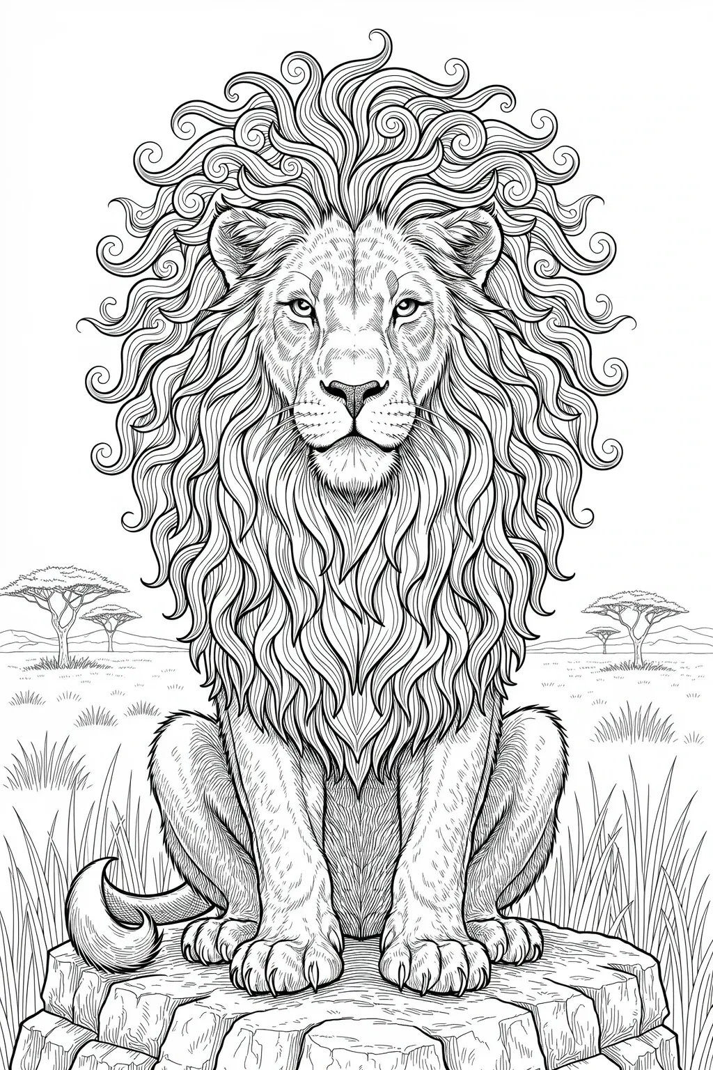 Black and white lion line art with flowing mane a detailed coloring page design ideal for kids' coloring page, printable coloring page projects, and printable coloring sheets; mandala-like details in