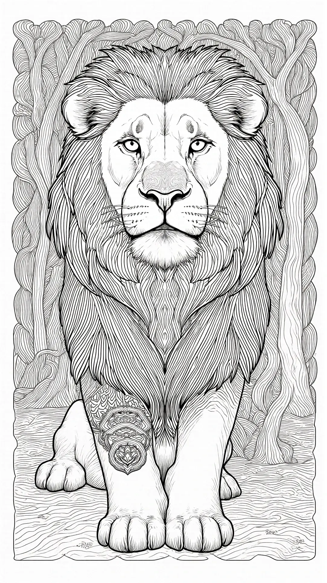 Black and white lion illustration with intricate mane and mandala-style leg detail detailed coloring page, kids' coloring page, printable coloring page, coloring sheets for animal fans.
