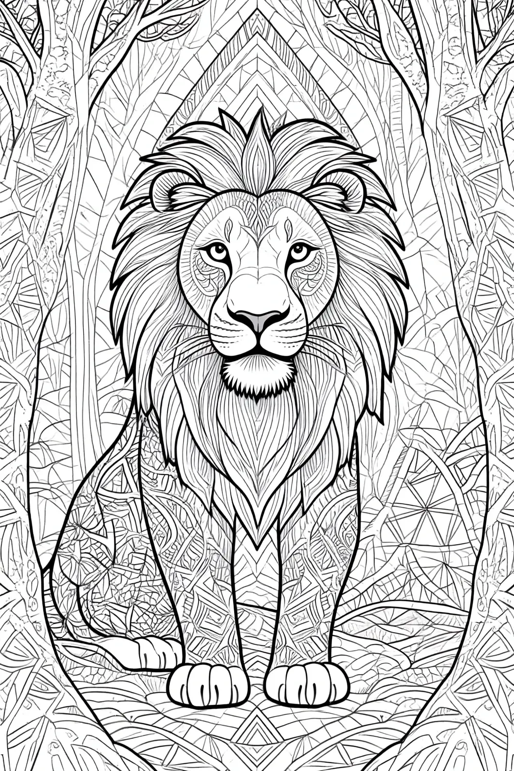 Intricate black-and-white lion line art featuring mandala patterns a detailed coloring page for a printable coloring page, kids' coloring page and coloring sheets.