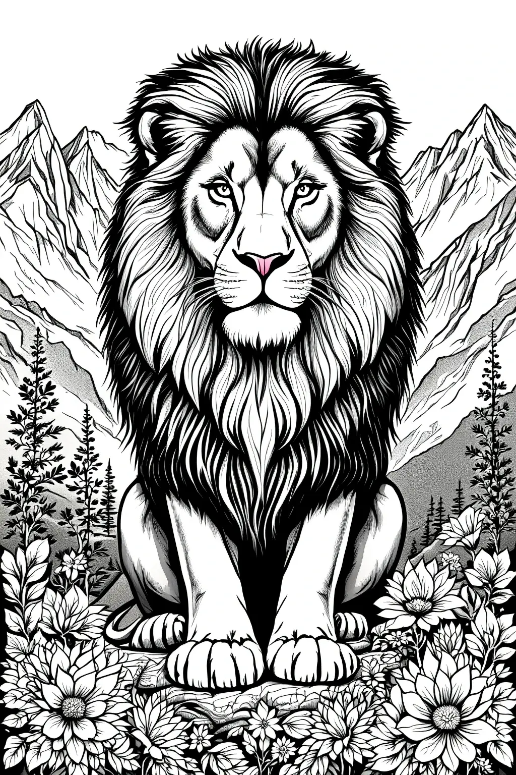 Intricate black-and-white line art of a regal lion sitting among spring flowers with mountain peaks behind ideal for animal coloring page. Suits both detailed coloring page and kids' coloring page