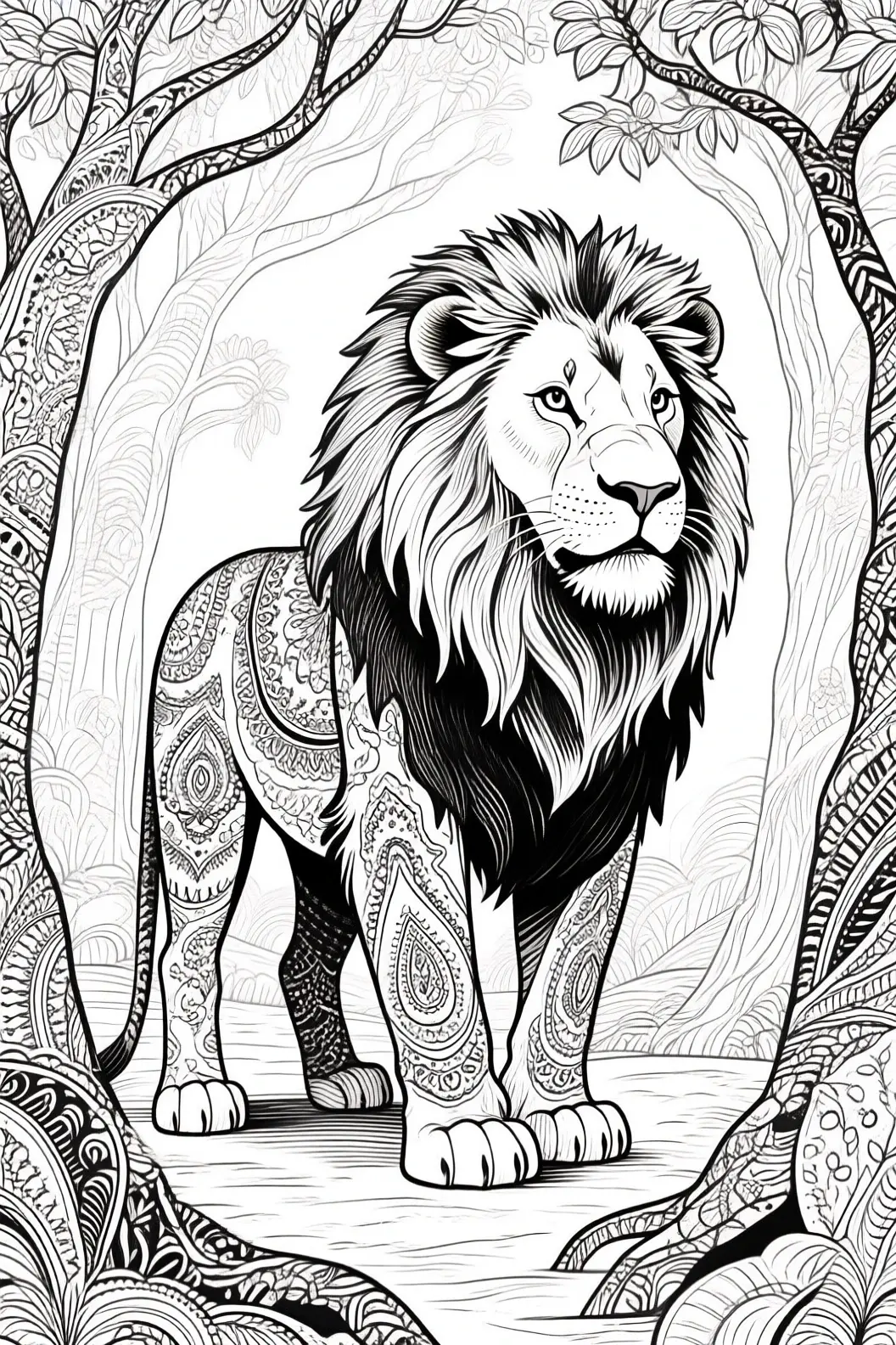 Black-and-white detailed lion coloring page with mandala patterns on its body and decorative forest background printable coloring sheet, part of a printable coloring page and kids' coloring page