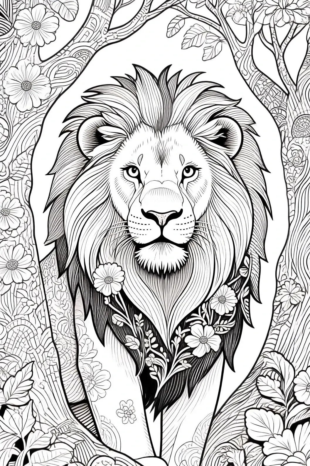 Black-and-white detailed lion coloring page with floral and mandala-style patterns perfect detailed coloring page, kids' coloring page, printable coloring page and coloring sheets.