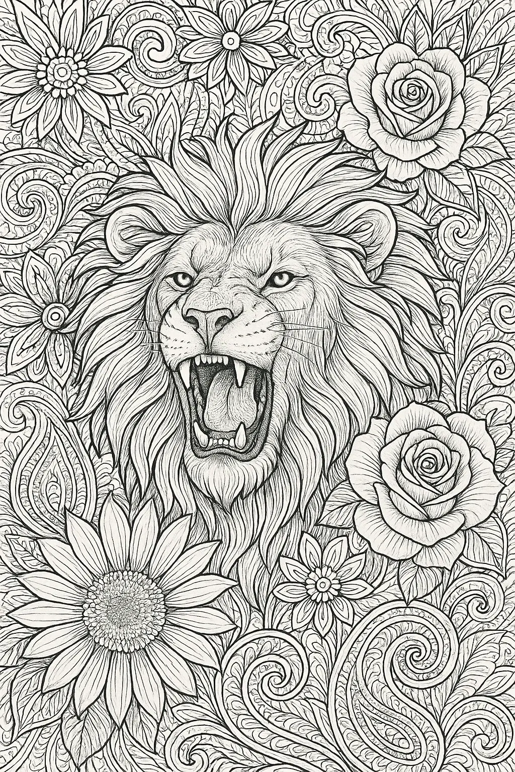 Intricate roaring lion line art surrounded by flowers and swirls detailed coloring page, kids' coloring page, printable coloring page, coloring sheets, animal mandala design.