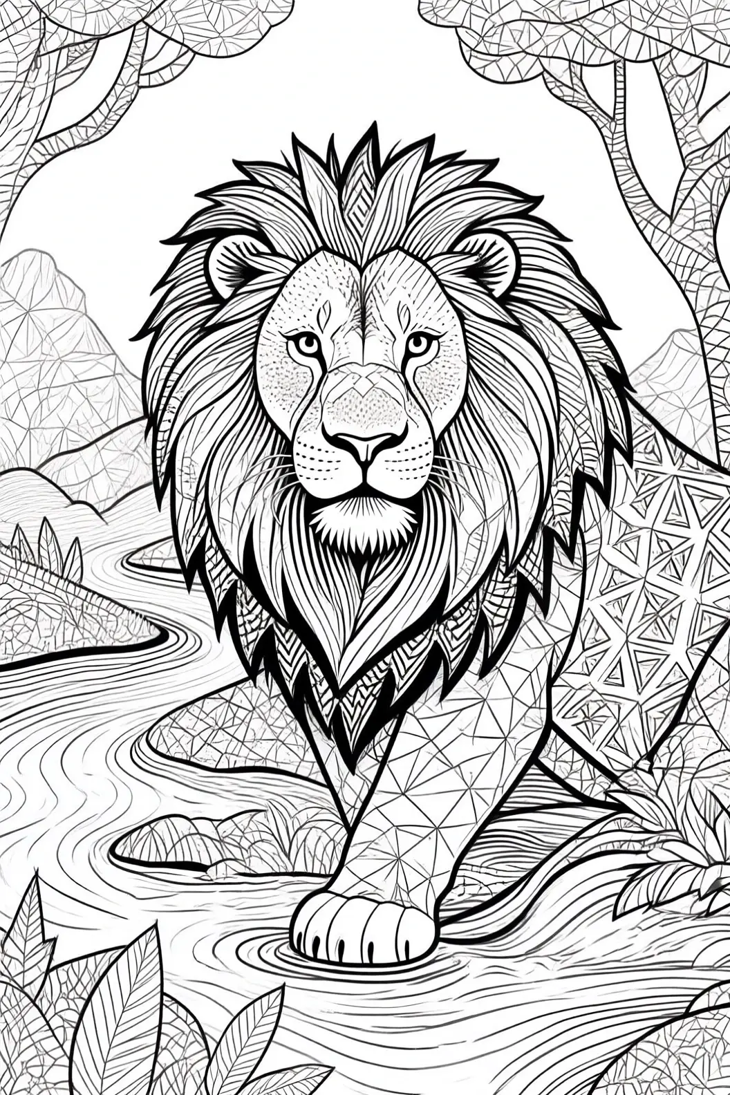 Black and white lion coloring page with intricate mane and patterned body detailed coloring page, kids' coloring page, printable coloring page, and coloring sheets for animal and mandala fans.