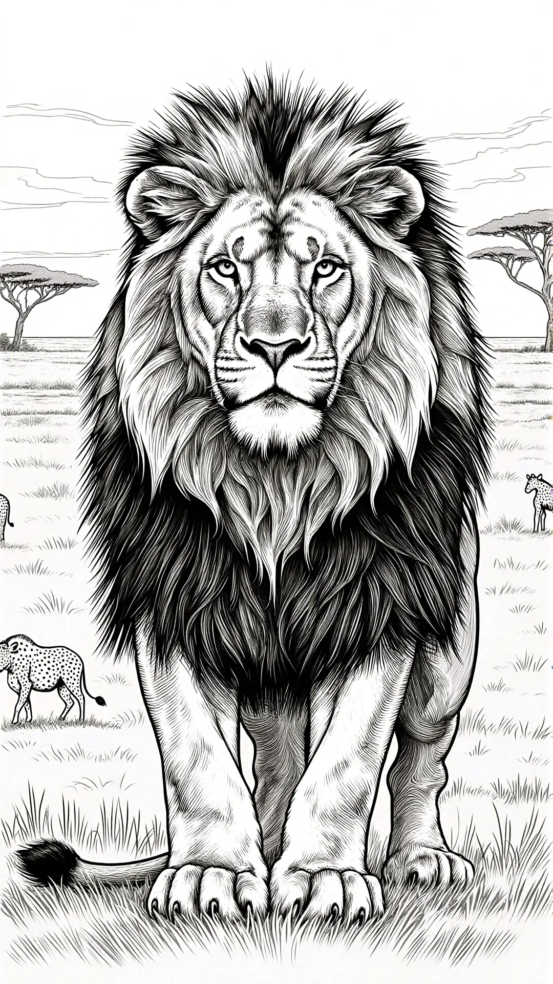 Majestic lion standing in an African savanna with acacia trees black-and-white line art designed for detailed coloring page. Ideal for kids' coloring page and adult coloring page; animal coloring page