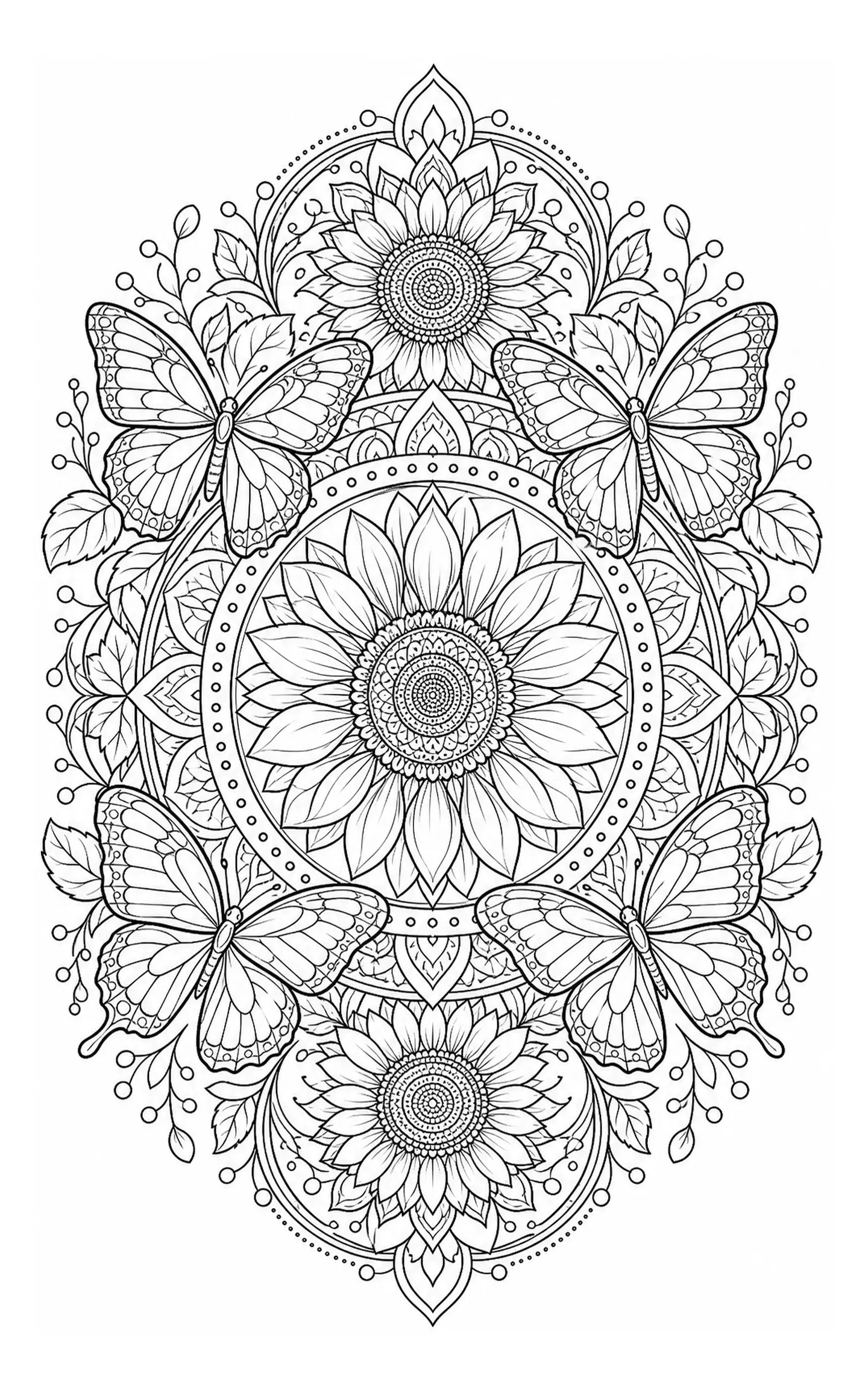 Black and white coloring page of intricate black and white mandala with butterflies, sunflowers, and floral details for coloring
