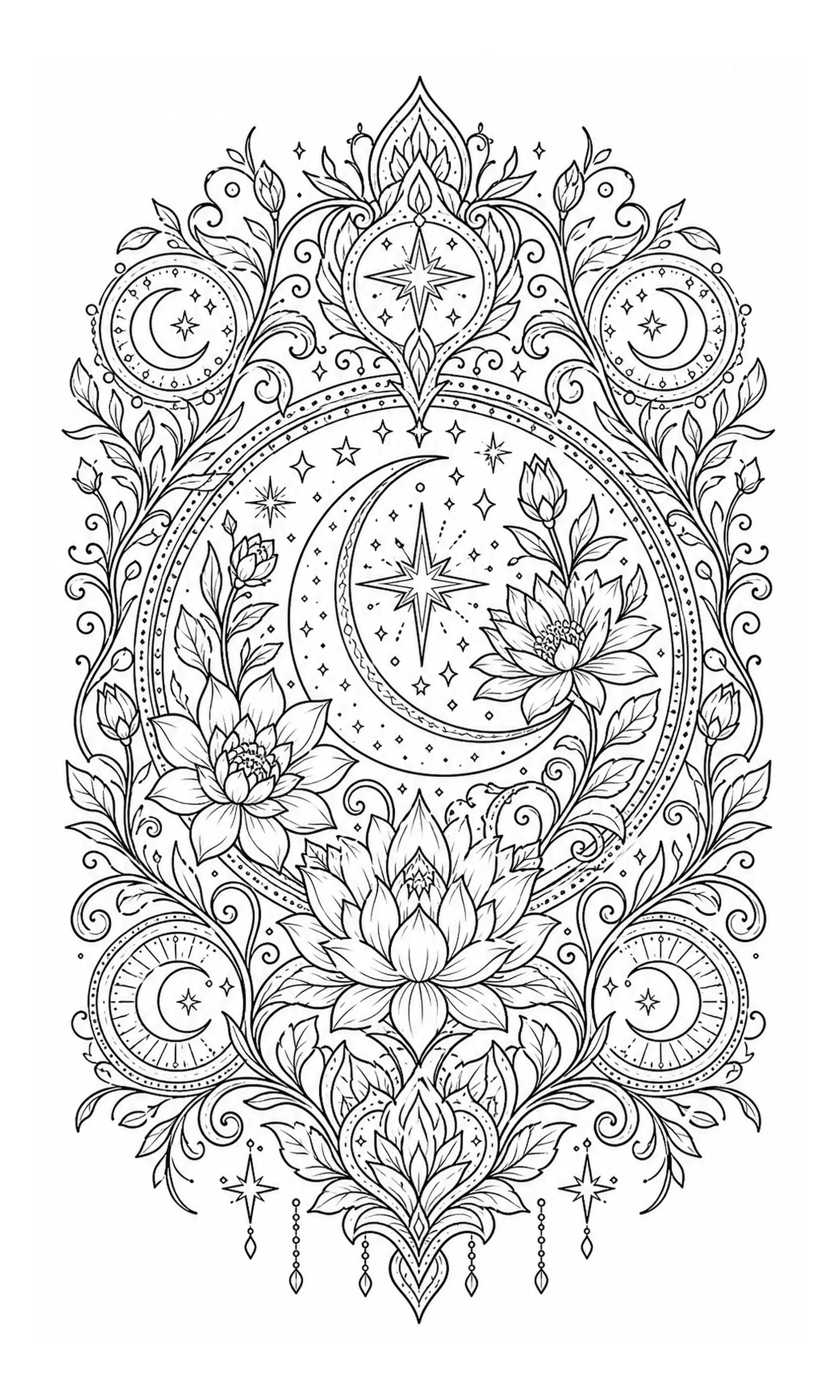 Intricate celestial floral mandala coloring page with moons, stars, lotus flowers, and decorative vine patterns.