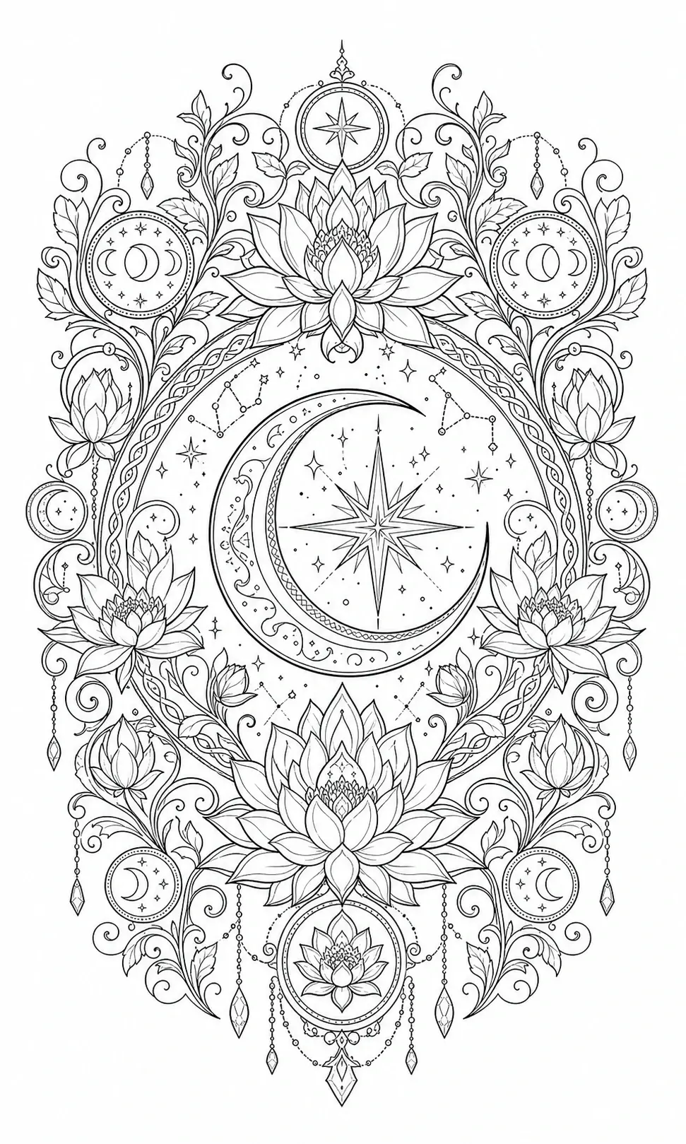 A detailed coloring page shows a celestial lotus mandala with moons, stars, and ornate floral scrollwork.