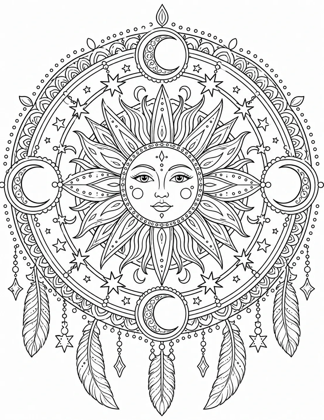 Detailed celestial mandala coloring page featuring a sun and moon face, stars, crescents, and hanging feathers in a boho style.