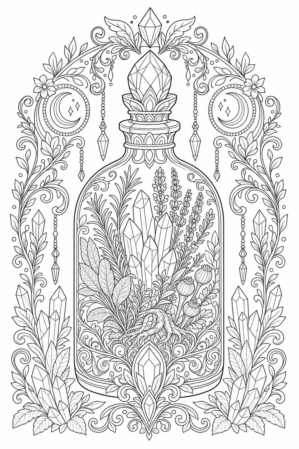 Intricate coloring page of a crystal apothecary bottle surrounded by botanical mandala details, flowers, leaves, and hanging ornaments.