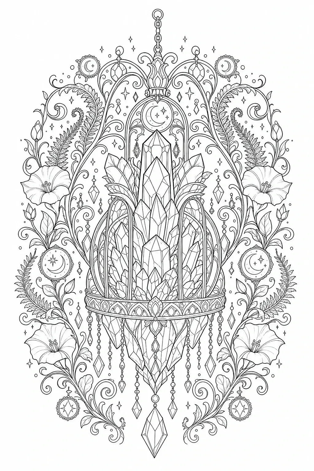 Intricate mandala coloring page with a crystal chandelier, flowers, crescent moons, stars, and hanging geometric ornaments.