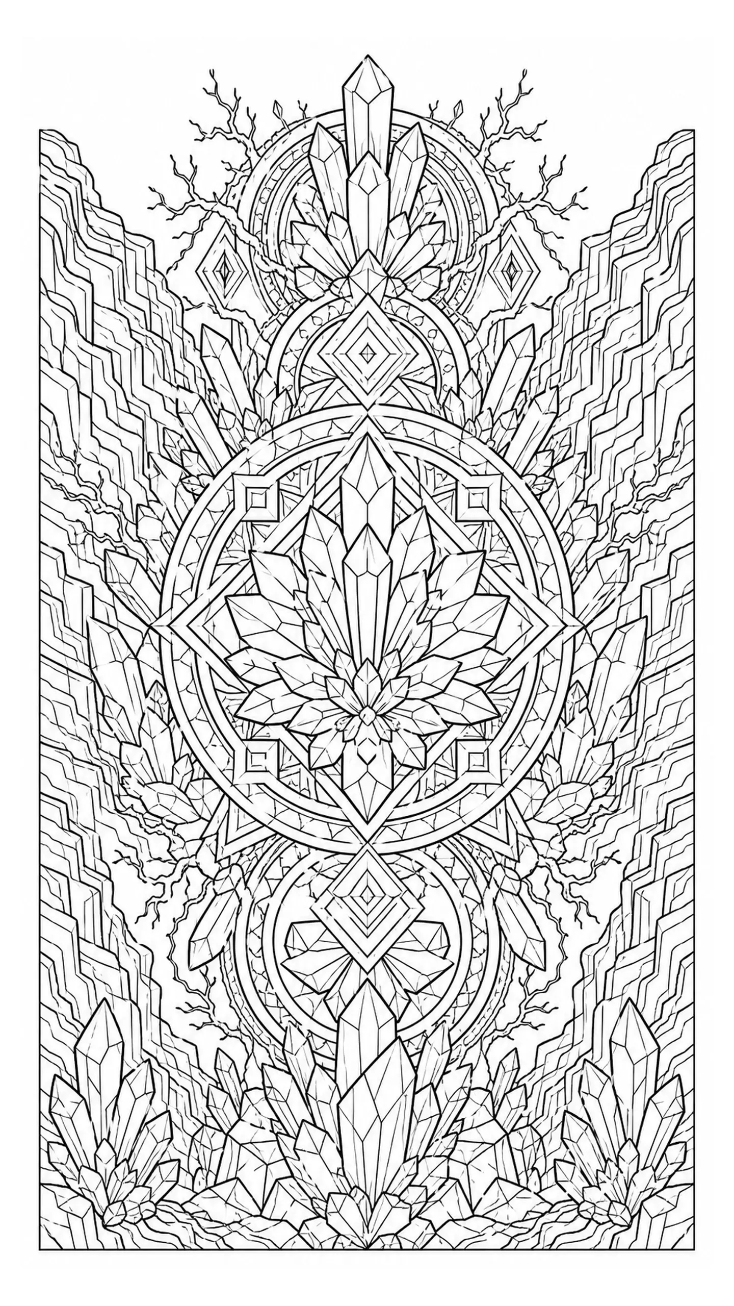 Intricate geometric crystal mandala coloring page with layered gemstone shapes and symmetrical patterns.