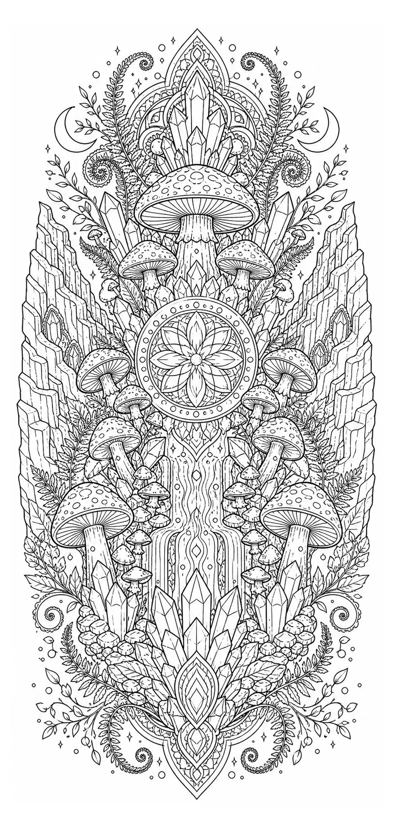 Intricate symmetrical mandala coloring page with mushrooms, crystals, leaves, and decorative botanical details.