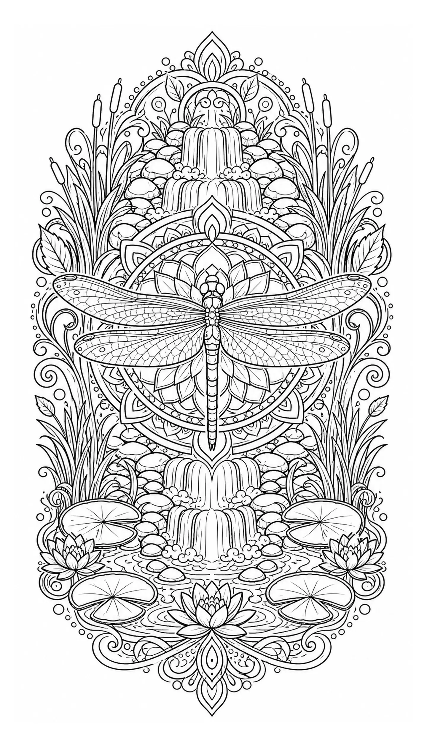 Intricate mandala coloring page featuring a dragonfly over a waterfall with lotus flowers, lily pads, reeds, and decorative nature patterns.