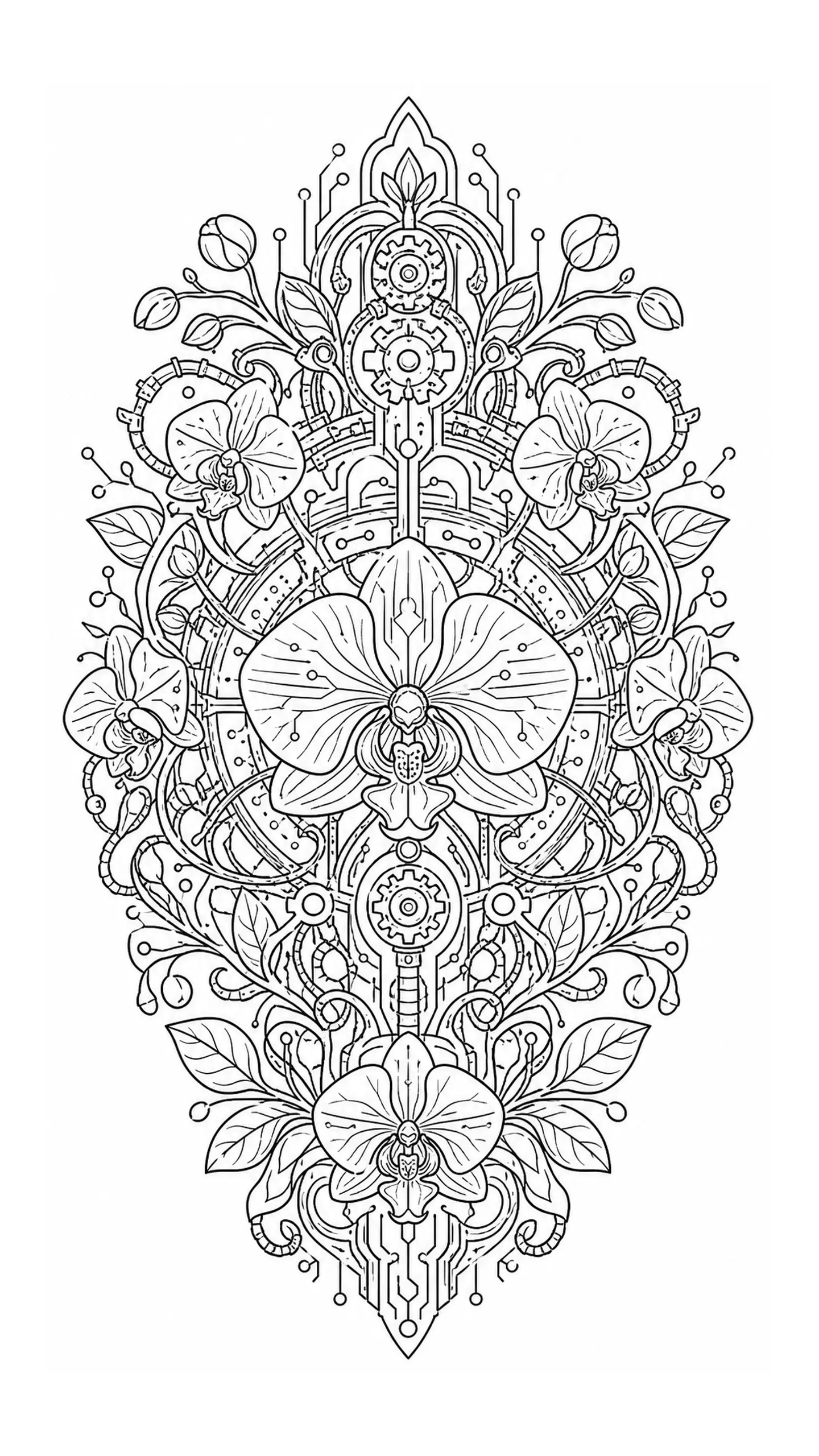 Black and white coloring page of intricate symmetrical floral biomechanical mandala with orchids, leaves, gears, and circuit-like details in black and white line art