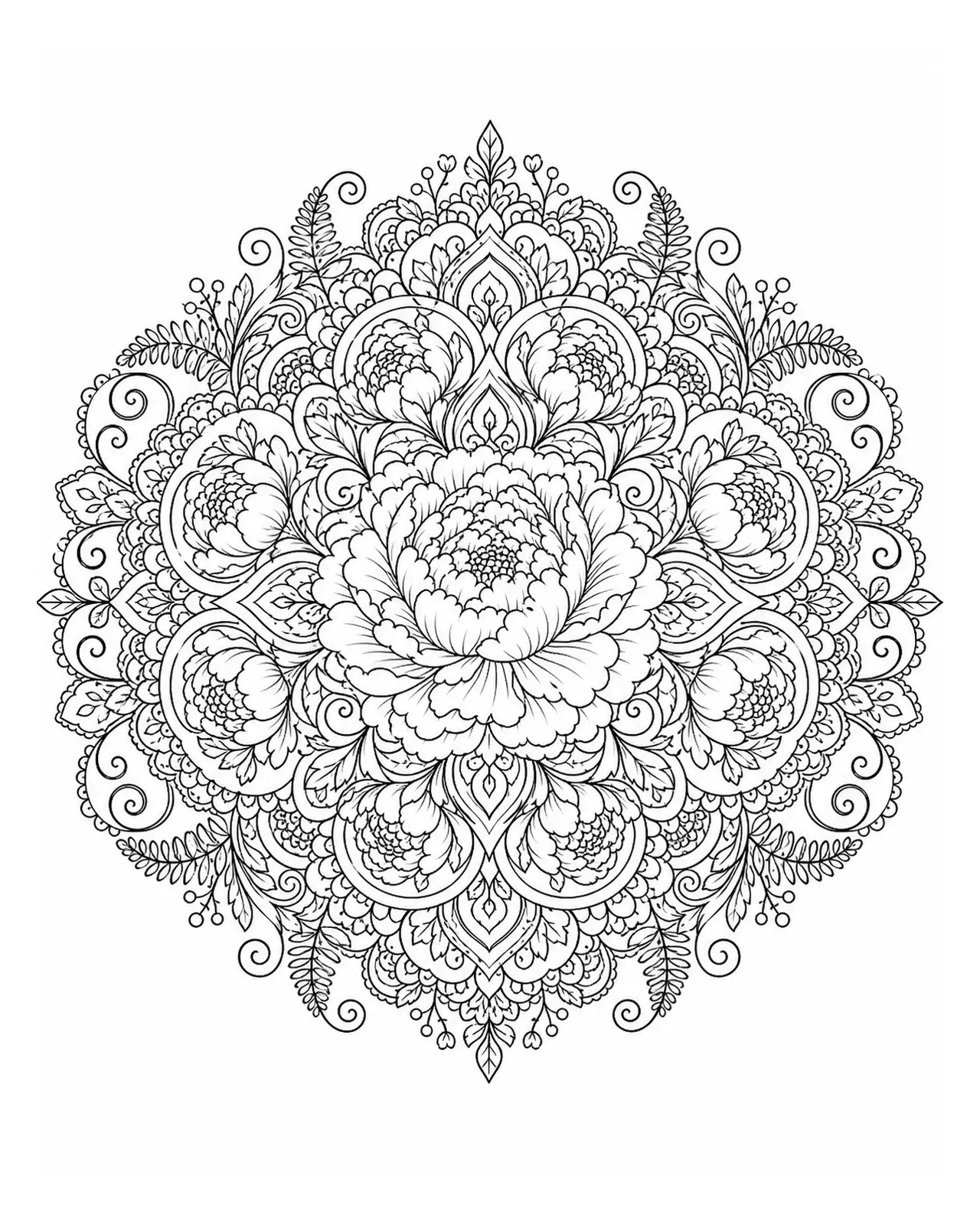 Black and white coloring page of intricate floral mandala with symmetrical botanical petals, leaves, and ornamental swirls in black-and-white line art