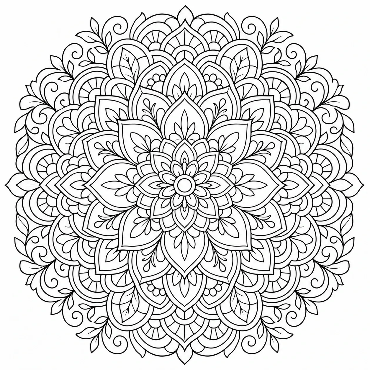 Black and white coloring page of intricate floral mandala with layered petals, leaves, and decorative swirls in black-and-white line art
