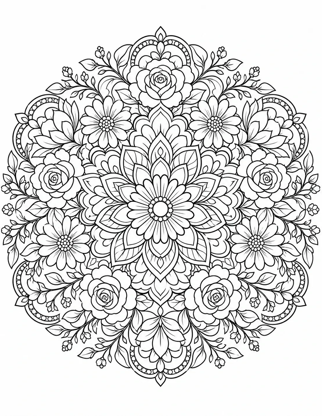 Intricate floral mandala coloring page with symmetrical flowers, roses, and leaves.