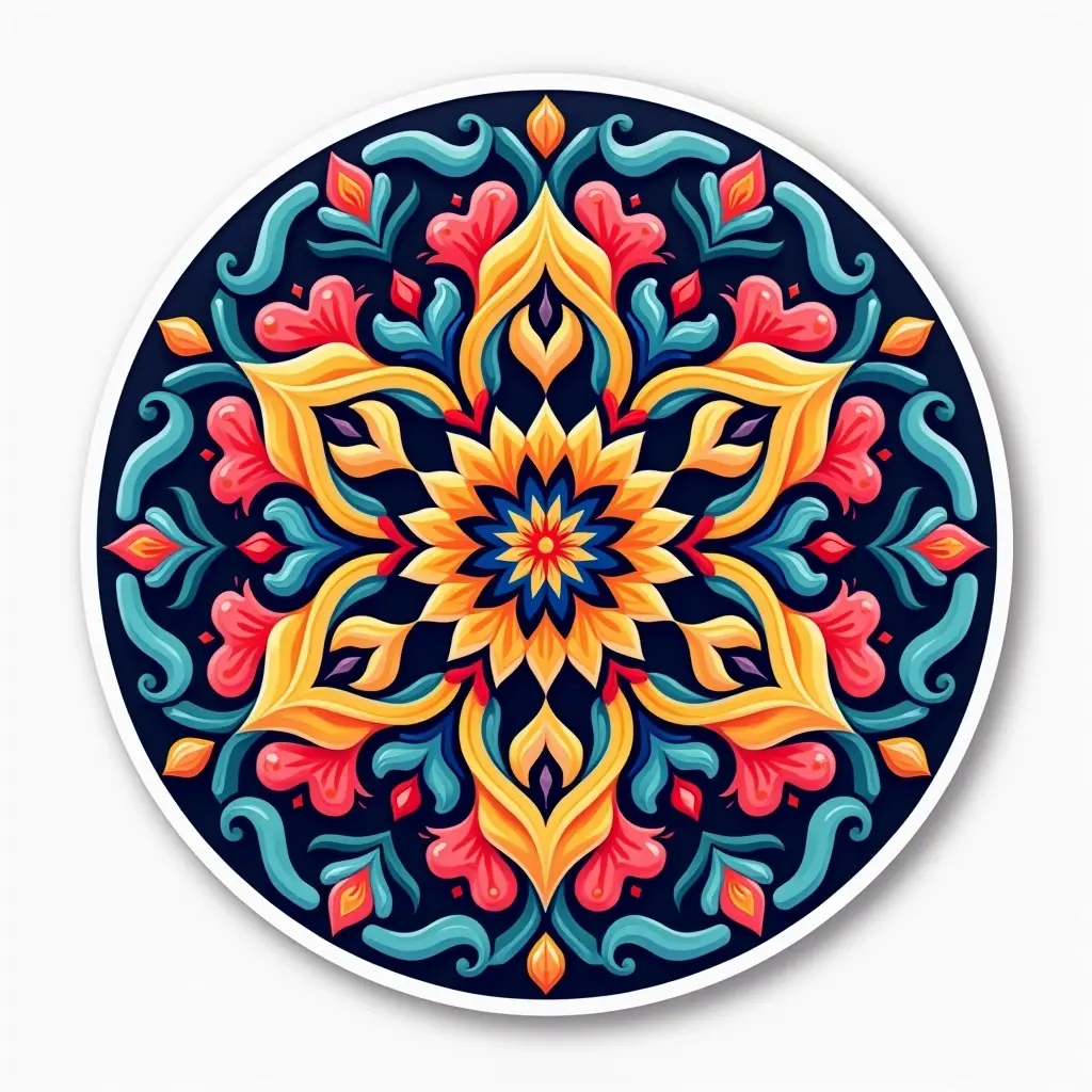 Black and white coloring page of circular floral mandala with symmetrical petals, swirls, and decorative leaves arranged around a central flower