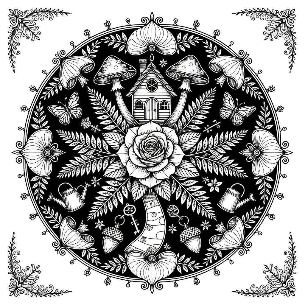 Black and white coloring page of intricate circular floral mandala with a rose in the center, mushrooms, butterflies, leaves, and a small cottage surrounded by ornamental corners
