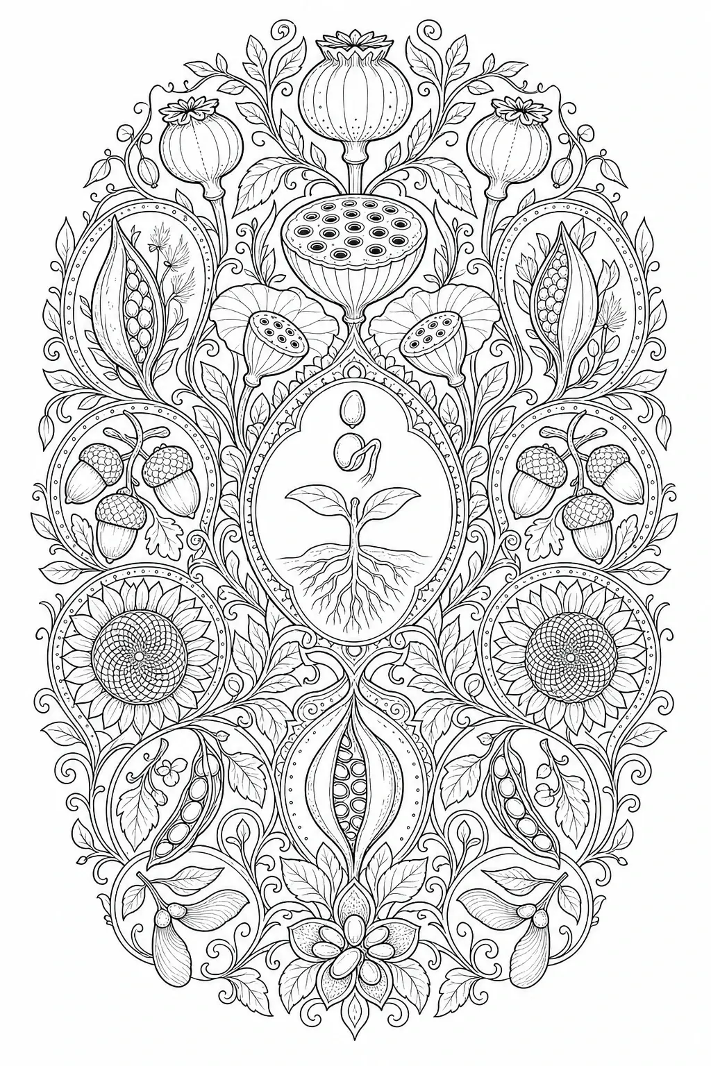 Black and white coloring page of intricate floral mandala with seed pods, flowers, leaves, and decorative botanical details