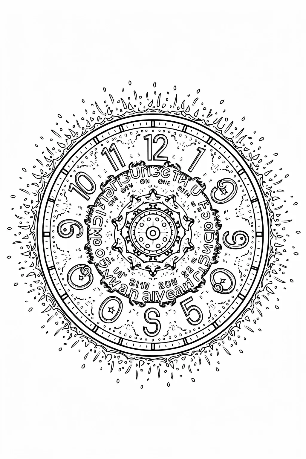 Free Intricate Mandala Clock Coloring Page printable black and white coloring sheet.