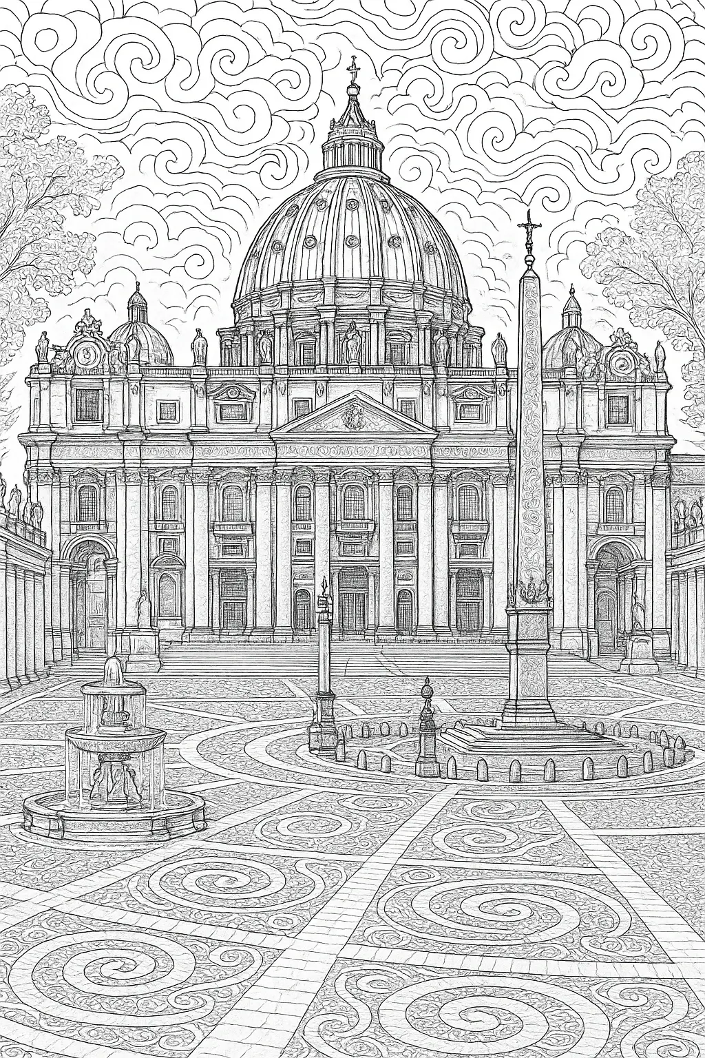Black-and-white cathedral courtyard line art for printable coloring page featuring ornate dome, statues, swirling mandala paving detailed coloring page, kids' coloring page, printable coloring page