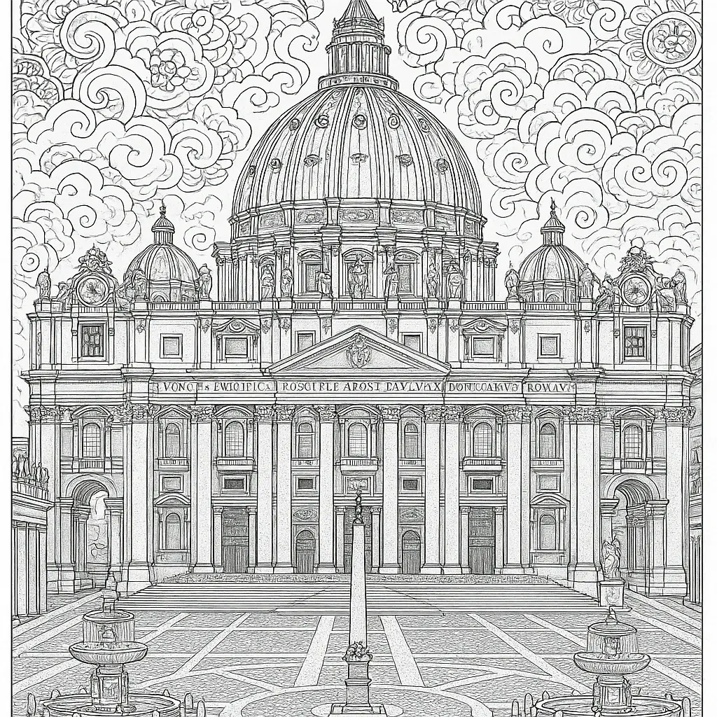 Black-and-white detailed cathedral coloring sheet with ornate dome, columns, plinths, fountains and swirling mandala-style clouds a printable coloring page for detailed coloring page, kids' coloring