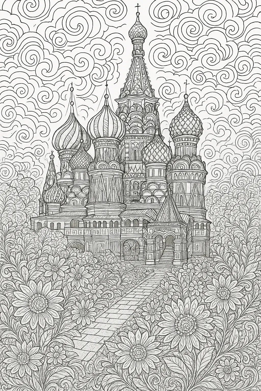 Line-art cathedral with onion domes, swirling sky and floral foreground detailed coloring page for kids' coloring page, printable coloring page and coloring sheets, spring mandala-style scene.