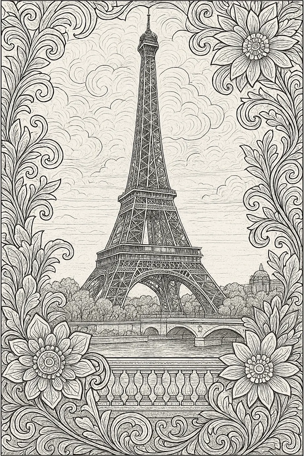 Black-and-cream printable coloring page of the Eiffel Tower with ornate floral and mandala-style borders, a detailed coloring page design that works as kids' coloring page, coloring sheets and a