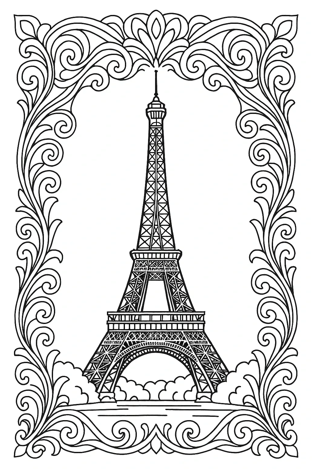 Black and white Eiffel Tower coloring sheet with ornate mandala-style border detailed coloring page, kids' coloring page, printable coloring page, coloring sheets.