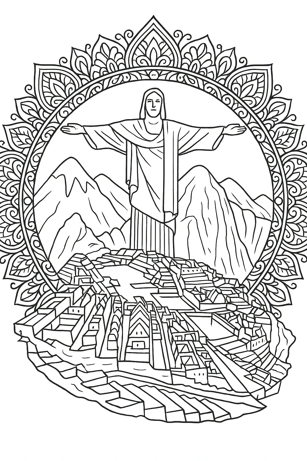 Black and white line art of a large statue with outstretched arms above terraces and mountains framed by a decorative mandala border printable coloring sheet, detailed coloring page, kids' coloring