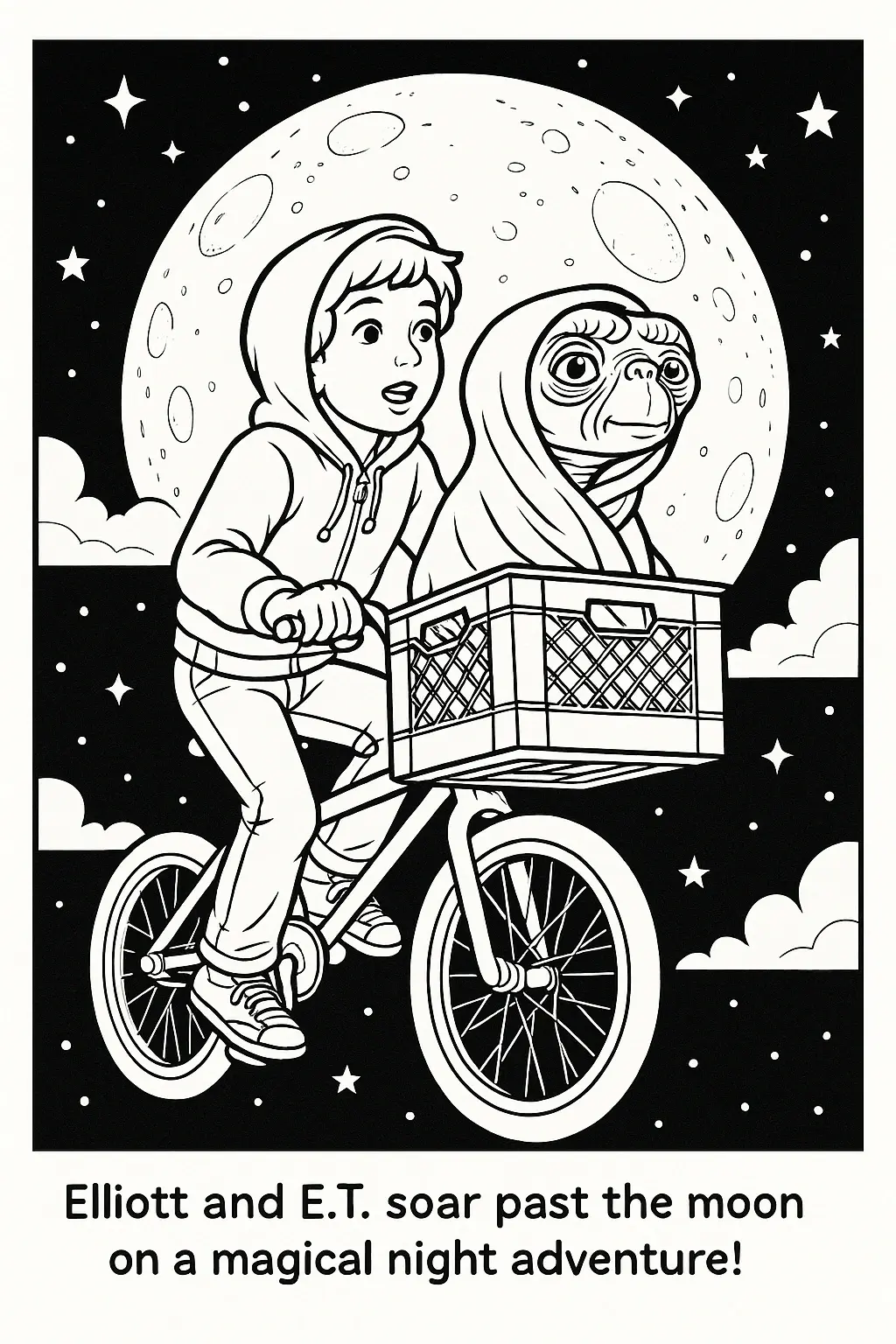 Black-and-white printable coloring sheet showing a boy on a bicycle carrying a wrapped friendly alien in a front crate as they fly past the moon; ideal detailed coloring page, kids' coloring page